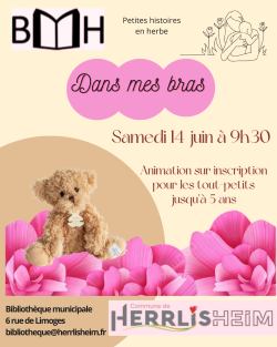 Animation pour les enfants jusqu'à 5 ans : Petites histoires en herbe : Dans mes bras ! Samedi 14 juin à 9h30 à la Bibliothèque municipale de Herrlisheim