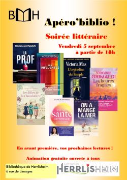 animation Apéro' Biblio présentation de nouveautés et coups de coeur roman, bande dessinée et livre documentaire Vendredi 5 septembre à partir de 18h à la Bibliothèque municipale de Herrlisheim