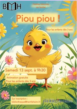 Animation lecture d'histoires samedi 13 septembre à 9h30 à la bibliothèque municipale de Herrlisheim